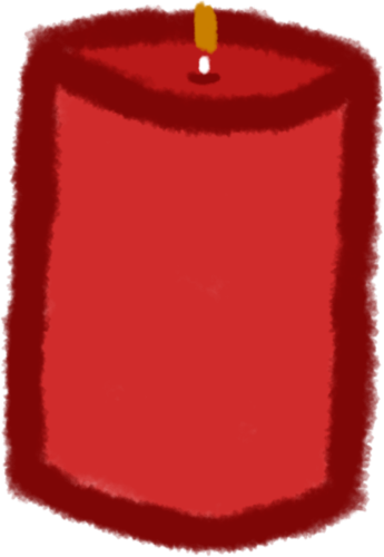  a drawing of a thick red candle, lit, in a crayon-like brush